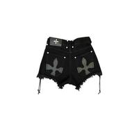 WEITING Short en Jean Taille Haute pour Femme, Couleur Unie, Mode d'été, Nouveau Design en Dentelle avec Pompon, Style Gothique Punk, Mode de Rue Chic, Noir, M