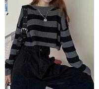 WEITING Style coréen rayé Pull Court Femmes Vintage surdimensionné Pull en Tricot Femme Automne à Manches Longues col Rond Pulls Hauts-Noir-M