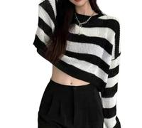 WEITING Style coréen rayé Pull Court Femmes Vintage surdimensionné Pull en Tricot Femme Automne à Manches Longues col Rond Pulls Hauts-Blanc-S