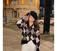 WEITING Veste d'hiver Pull Femme Argyle Cardigan Ample Vintage Col en V Pull en Tricot Automne Collège Chaud Cardigan Doux Manteau de Mode -Noir-Taille Unique