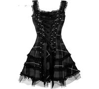 WEITING Vintage Plaid Bandage Gothique Femmes Robes A-Ligne Grunge Esthétique Dentelle Garniture Patchwork Mini Robe Punk Moulante Sexy Partywear-Noir-L