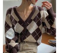 WEITING Y2K Veste tricotée surdimensionnée pour Femme - Cardigan Vintage Argyle - Pull à Carreaux de Style coréen - Pull à Simple Boutonnage - Automne - Marron - L