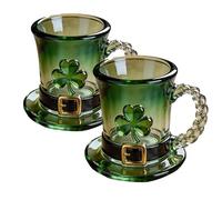 WEIWOGU Tazza in vetro a forma di cappello da folletto portafortuna con trifoglio, Tazza in vetro a forma di cappello da folletto per San Patrizio, Boccale da birra in vetro verde smeraldo (2PCS)
