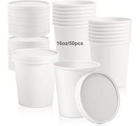 WEIWUXIAN 50 Pièces 460ml/16OZ Tasses à Soupe Jetables avec Couvercle, Tasses à Soupe Carton, Gobelets à Soupe à Emporter, Gobelets en Papier à Glace, pour Micro-Ondes&Aliments Surgelés, Blanc