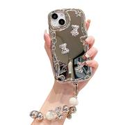 WEJDYKG Heart Plated Mirror Case Cover for iPhone, Makeup Mirror Hearts Plating Phone Case, for iPhone 12/13/14/15 Silver 3D Heart Trendy Mirror Phone Case (for iPhone14,Bear+Bracelet)