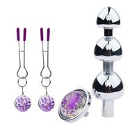 WEJFHBCOV Perles anales en métal à 3 billes avec base en cristal, pince à tétons réglable SM, gode en acier inoxydable, sextoy for femmes et hommes(Purple)