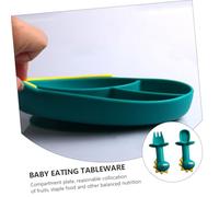 WEKADRIN 3 pièces Set Vaisselle Silicone Vert Foncé avec Assiette Compartimentée Fourchette et Cuillère Courtes pour Apprentissage Motricité et Alimentation Équilibrée
