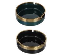 WEKADRIN Cendrier de Table en Céramique Coupe-Vent 2 Pièces Design Rond Rétro Bord Doré Couleurs Vert Foncé et Noir pour Salon Bureau Terrasse et Usage Extérieur