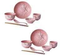 WEKADRIN Ensemble de Vaisselle Japonerie en Céramique Rose 12 Pièces Maison - 2 Bols 2 Assiettes 2 Plats 2 Tasses 2 Cuillères et 2 Paires de Baguettes - Service de Table Complet et