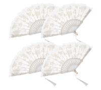 WEKADRIN Lot de 4 Éventails Pliants Chinois en Plastique Blanc Dentelle Rose et Pompons Éventails Portables Rétro pour Mariage Danse Fêtes et Présents Élégants Pliable à Main