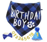 WEKAMOS 1 Ensemble Accessoires Anniversaire pour Chien Décorations pour de Chien avec Bandana Chapeau et Nœud Bandana pour Garçon Chapeau Bleu à Pompons Chiffre Nœud Bleu Confort Optimal