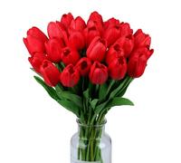 Wekuw 15PCS Tulipe Fleurs Artificielles Tulip Fausse Fleur Bouquet Fleur Artificielle Latex Tulipes Eternelle,Fleurs PU Faux Tulipes pour Mariage Intérieur et Extérieur, Décoration de Fête DIY(Rouge)