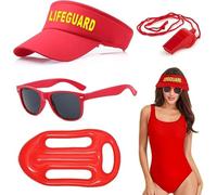 Wekuw Costume de Sauveteur Homme Femme, 4 Pièces Baywatch Lifeguard Costume Ensemble de Sauveteur Visière Sifflet Lunettes de Soleil Bouée de Sauvetage, pour Halloween, Carnaval, Fête à la Piscine