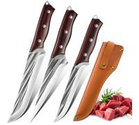 Welan Set Couteaux de Cuisine 3 Pièces pour Boucher - Couteau à Désosser, Tranche-Viande & Boucher, Acier 5Cr15MoV Forgé, Manche Teck, Housses Cuir, Idéal Maison & Extérieur