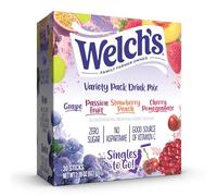 Welch's Singles To Go Variety Pack Watertok Mélange de boissons en poudre, contient 4 saveurs : raisin, fruit de la passion, pêche fraise, grenade cerise, 1 boîte (30 portions)