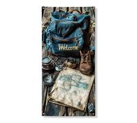 Welcome Adventure Bannières décoratives pour porte d'entrée, sac à dos de voyage, décoration de porte d'entrée, fournitures de camping pour intérieur et extérieur, 91,4 x 183 cm