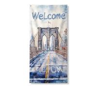 Welcome Bridge Couverture de porte décorative, bannière d'art de paysage urbain aquarelle, décoration intérieure ou extérieure de vacances 91,4 x 183 cm