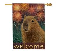 Welcome Capybara Drapeau de jardin avec feux d'artifice, décoration extérieure colorée pour fêtes de fin d'année, bannière double face en toile de jute pour décoration de pelouse, 71,1 x 101,6 cm