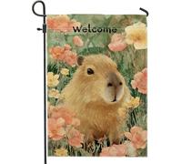 Welcome Capybara Drapeau floral de jardin, bannière de décoration d'intérieur, bannière double face en toile de jute pour décoration de pelouse extérieure de printemps, 30,5 x 45,7 cm