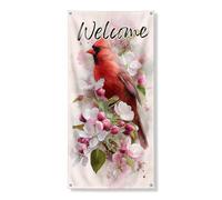 Welcome Cardinal Couverture de porte décorative florale rouge vif Bannière de porte d'entrée, décoration saisonnière pour intérieur et extérieur 91,4 x 183 cm