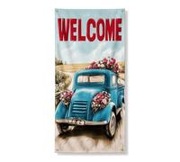Welcome - Couverture de porte florale vintage bleue de camion - Décoration d'intérieur rustique pour le printemps et l'été - Charmante bannière extérieure à suspendre - 91,4 x 183 cm