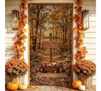 Welcome Fall Forest Scene Citrouilles Automne Housses de porte 91,4 x 182,9 | Panneau en bois, bannière de porte d'entrée, feuilles d'érable vibrantes, chemin forestier, esthétique de récolte saisonnière