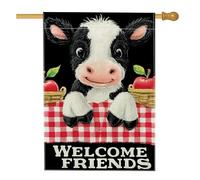Welcome Friends - Drapeau de jardin de ferme - Vache noire avec pommes et nappe à carreaux, toile de jute double face - Décoration d'extérieur pour fête de récolte d'automne, 71 x 101,6 cm
