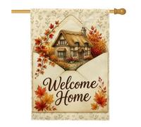 Welcome Home Cottage Drapeau de maison avec citation d'automne 71,1 x 101,6 | Scène de chalet rustique, drapeau de pelouse, feuillage d'automne vif, décoration saisonnière d'entrée