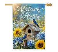 Welcome Home Drapeau de maison réaliste merles bleus et fleurs 71 x 101 cm | Tournesols, drapeau de cour, hortensias, nichoir en bois, prairie florale, décoration de jardin rustique