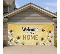 Welcome Home - Housse de porte de garage, abeille jaune et chrysanthème, motif nid d'abeille pour décoration extérieure de printemps et d'été, 397 x 180 cm