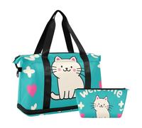 Welcome Home - Lot de 2 sacs de sport avec motif chat de dessin animé - Sac de sport pour voyage et week-end - Avec trousse de toilette, bienvenue à la maison Chat mignon dessin animé, 1 size