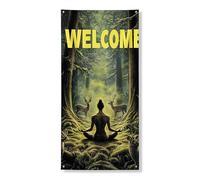Welcome Nature Bannière de couverture de porte, forêt tranquille, art de méditation, scène de vie sauvage sereine pour décoration intérieure et extérieure, décoration saisonnière d'automne 91,4 x