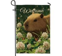 Welcome Summer Drapeau floral Capybara vert pour jardin, trèfle papillon, nature, bannière de cour extérieure, double face, toile de jute, pelouse, terrasse, décoration de fête, 30,5 x 45,7 cm