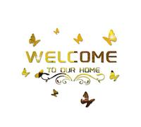 Welcome to Our Home Autocollants muraux en acrylique avec papillon et vigne - Autocollants muraux amovibles pour salon, porte, porche (doré)