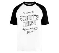 Welcome to Schitts Creek Where Everyone Fits in. Inspired by The Town Sign. Unisexe Hommes Femmes Baseball T-Shirt Blanc Unisex Baseball T-Shirt
