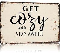 Welcoming Vintage Get Cozy And Stay Awhile Metal Tin Sign for Entry Decor 8 X 12 in