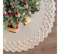 Weldomcor Jupe de Sapin de Noël, 90cm Cache Pied Sapin de Noel Blanc Pied De Sapin De Noel Ronde Tricot Tapis Sapin de Noel Couvre-Pied De Sapin pour Décorations d'arbre et Fêtes de Noël