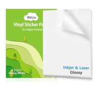 Weliu Lot de 21 feuilles de papier autocollant en vinyle imprimable pour imprimante à jet d'encre et laser, blanc brillant, 21,6 x 27,9 cm, sèche rapidement et maintient magnifiquement l'encre