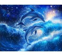 WELIWE 5D Diamond Painting DIY Broderie Numéros Diamant Peinture Kit Complet Strass Arts Pour Enfants Adultes Décoration Murale Dauphin vague 40x50 cm