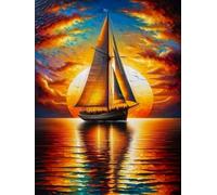 WELIWE 5D Diamond Painting DIY Broderie Numéros Diamant Peinture Kit Complet Strass Arts Pour Enfants Adultes Décoration Murale Voilier soleil rouge 40x50 cm
