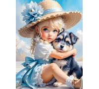 WELIWE Kit Broderie Point de Croix Estampé 11CT Adultes Débutant Compté Point de Croix Kits DIY Pré Imprimé Canevas art broderie Chien de compagnie d'une petite fille 40x50 cm