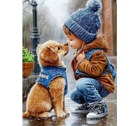 WELIWE Kit Broderie Point de Croix Estampé 11CT Adultes Débutant Compté Point de Croix Kits DIY Pré Imprimé Canevas art broderie Chiot d'un petit garçon 40x50 cm