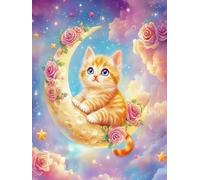 WELIWE Point de Croix Broderie Kits de Couture à la Main Bricolage 11CT Estampé pour Les Débutants Kit de Broderie Pré-imprimé Motif Chat floral au clair de lune 40x50 cm