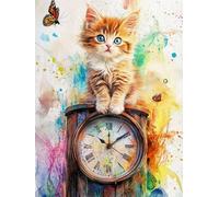 WELIWE Point de Croix Broderie Kits de Couture à la Main Bricolage 11CT Estampé pour Les Débutants Kit de Broderie Pré-imprimé Motif Chat horloge 40x50 cm