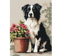 WELIWE Point de Croix Broderie Kits de Couture à la Main Bricolage 11CT Estampé pour Les Débutants Kit de Broderie Pré-imprimé Motif Chien de berger en pot de fleurs 40x50 cm