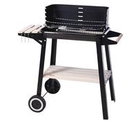Well Home Barbecue à charbon rectangulaire avec étagères en bois FSC avec grille chromée 45 x 24 cm - Barbecue de jardin avec coupe-vent et roues
