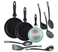 Well Home Ensemble de 3 poêles Ø16Ø20Ø24cm en aluminium embouti bleu mat + 6 ustensiles de cuisine en PBT couleur noire