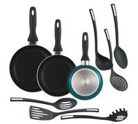 Well Home Ensemble de 3 poêles Ø16Ø20Ø24cm en aluminium embouti bleu métallisé + 6 ustensiles de cuisine en PBT couleur noire