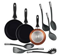 Well Home Ensemble de 3 poêles Ø16Ø20Ø24cm en aluminium embouti bronze métallisé + 6 ustensiles de cuisine en PBT couleur noire