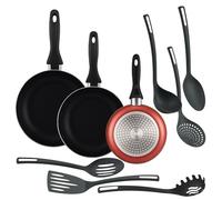 Well Home Ensemble de 3 poêles Ø16Ø20Ø24cm en aluminium embouti cuivre métallisé + 6 ustensiles de cuisine en PBT couleur noire
